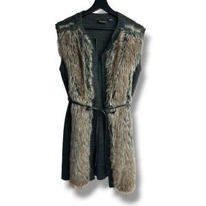 Tribal Womens Charcoal Grey Faux Fur Trim Longline Knit Belted Vest Medium